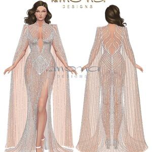 RAMONA DESIGNS Nude Mesh & Rhinestone Custom Gown Weighing 17 Pounds! Size US 8
